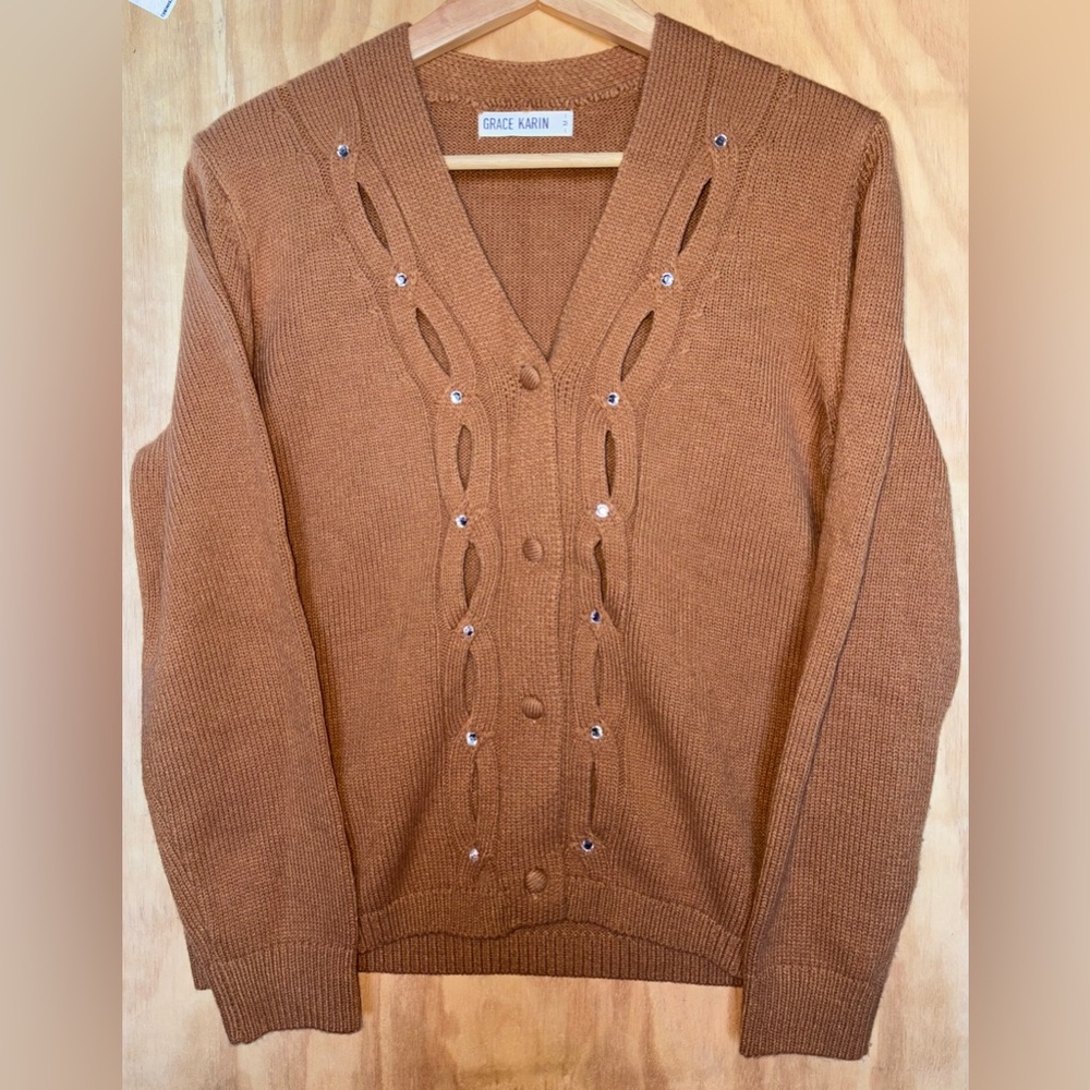 Grace Karin V-neck Women’s Medium Button Up Cardigan Sweater Rhinestone